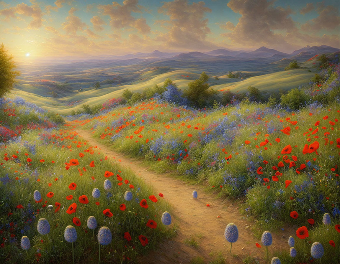 Tranquil sunrise landscape with dirt path, hills, flowers & mountains