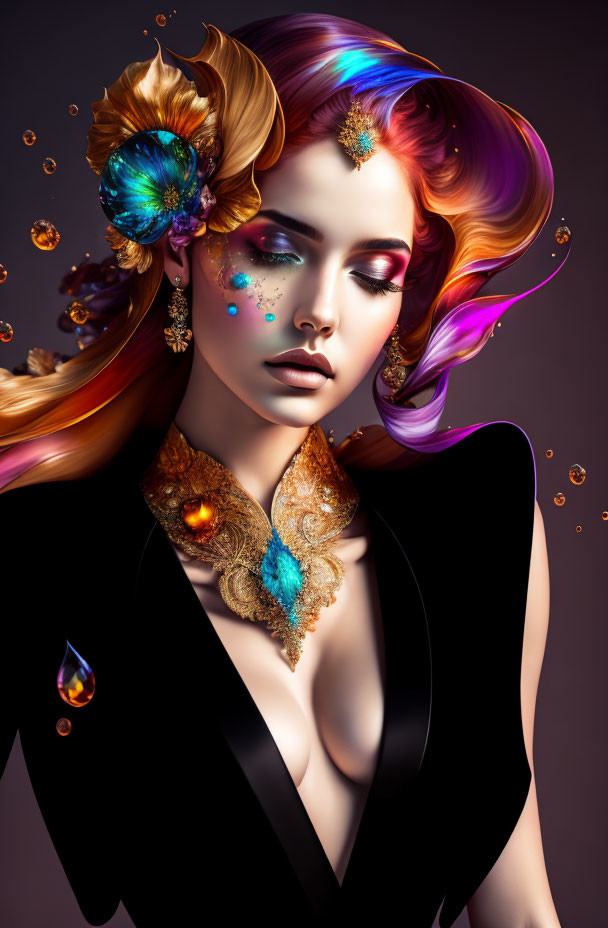 Colorful-haired woman with floral accessory and sparkly makeup on dark background