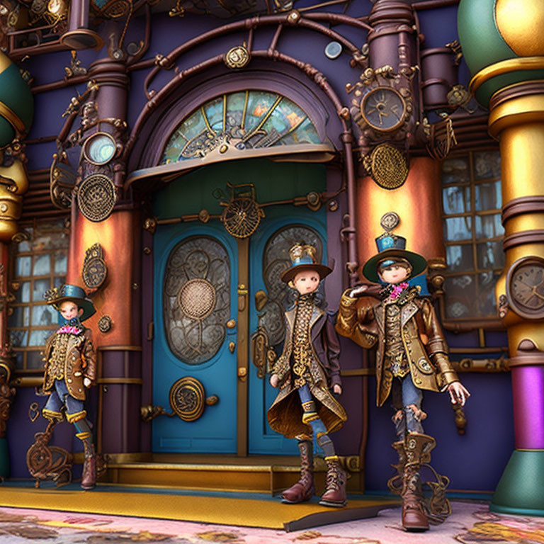 Three steampunk characters in front of whimsical building