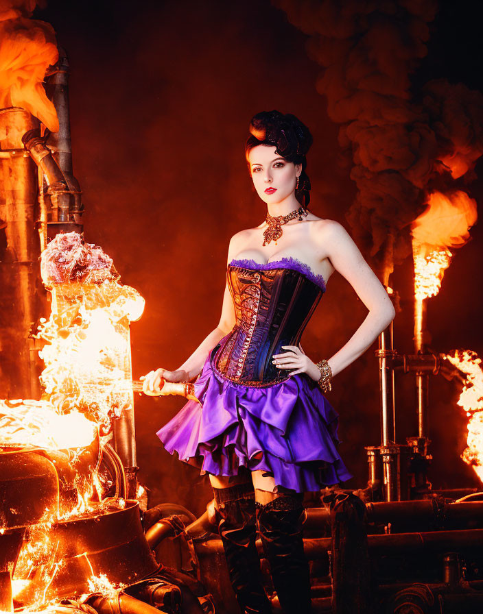 Steampunk woman in purple and black outfit amidst fiery industrial backdrop