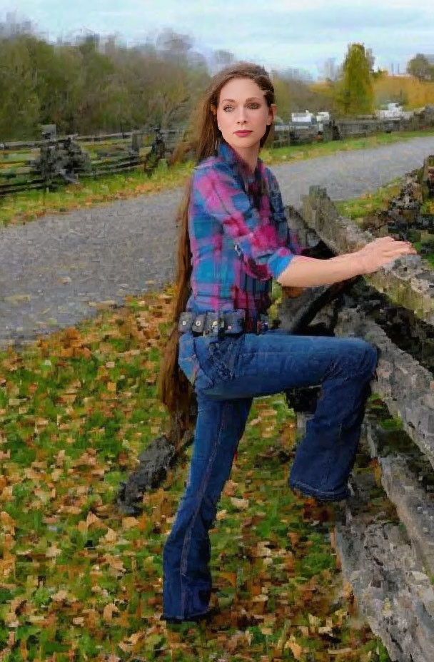 Woman with long brown hair in plaid shirt leans on wooden fence in rural area