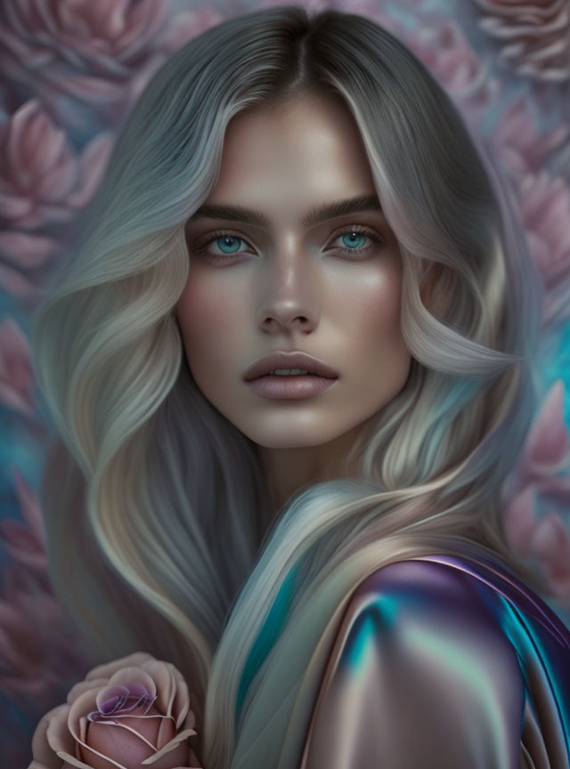 Portrait of woman with blue eyes, silver-blond hair, flawless complexion, holding pink rose against floral