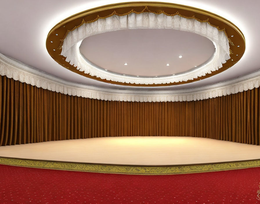 Luxurious Theater Stage with Red Carpet, Gold Accents, and Ornate Oval Lighting