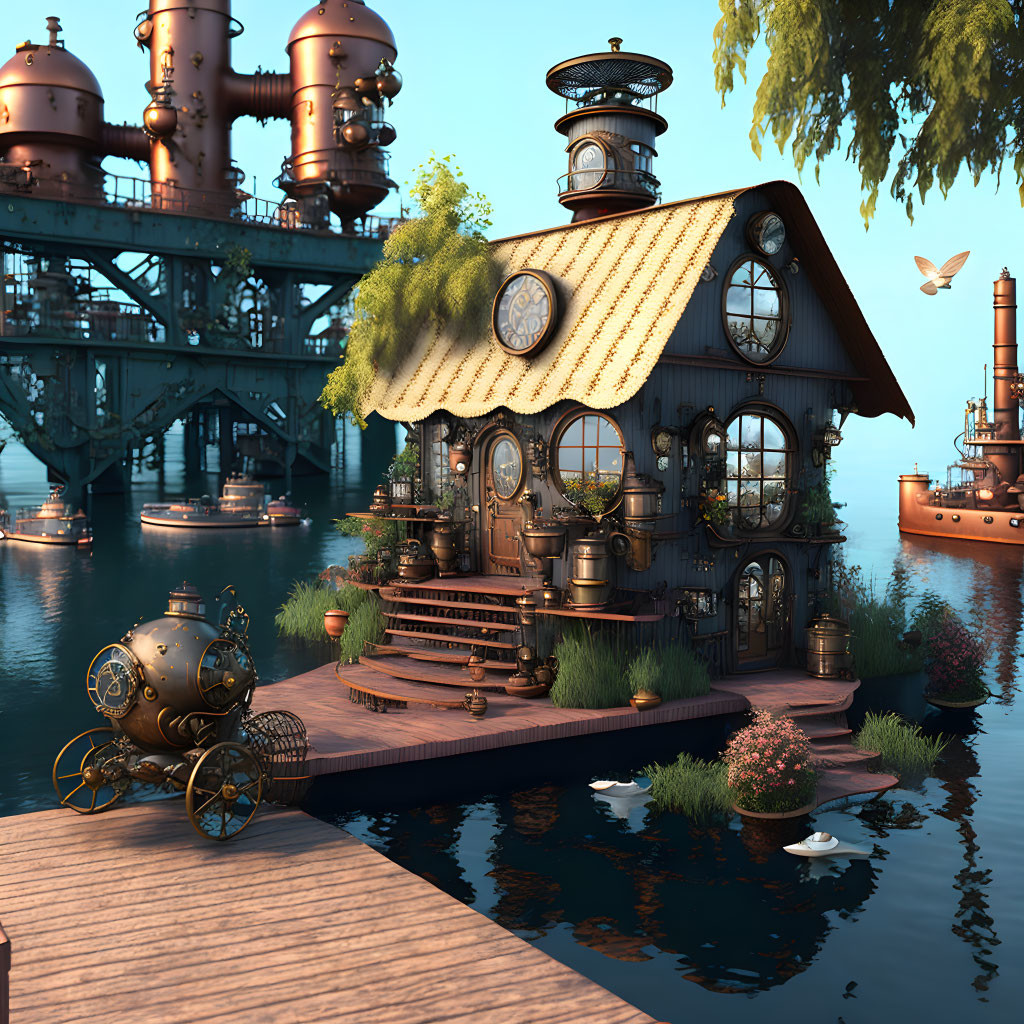 Steampunk house by water with cogwheel details and submarine.