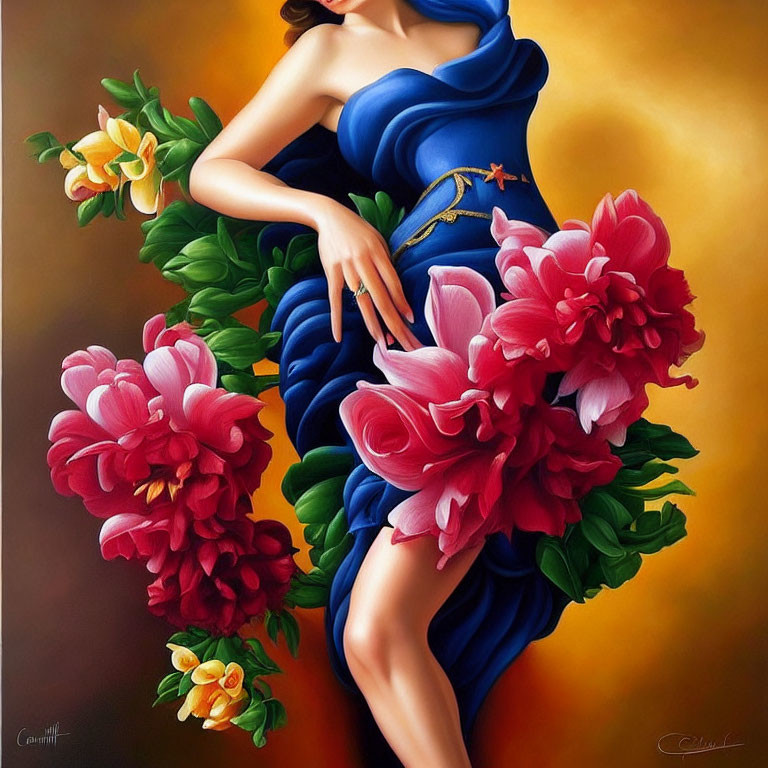 Colorful painting of woman in blue dress with pink flowers bouquet