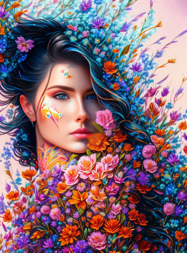 Colorful digital artwork: Woman adorned with floral elements