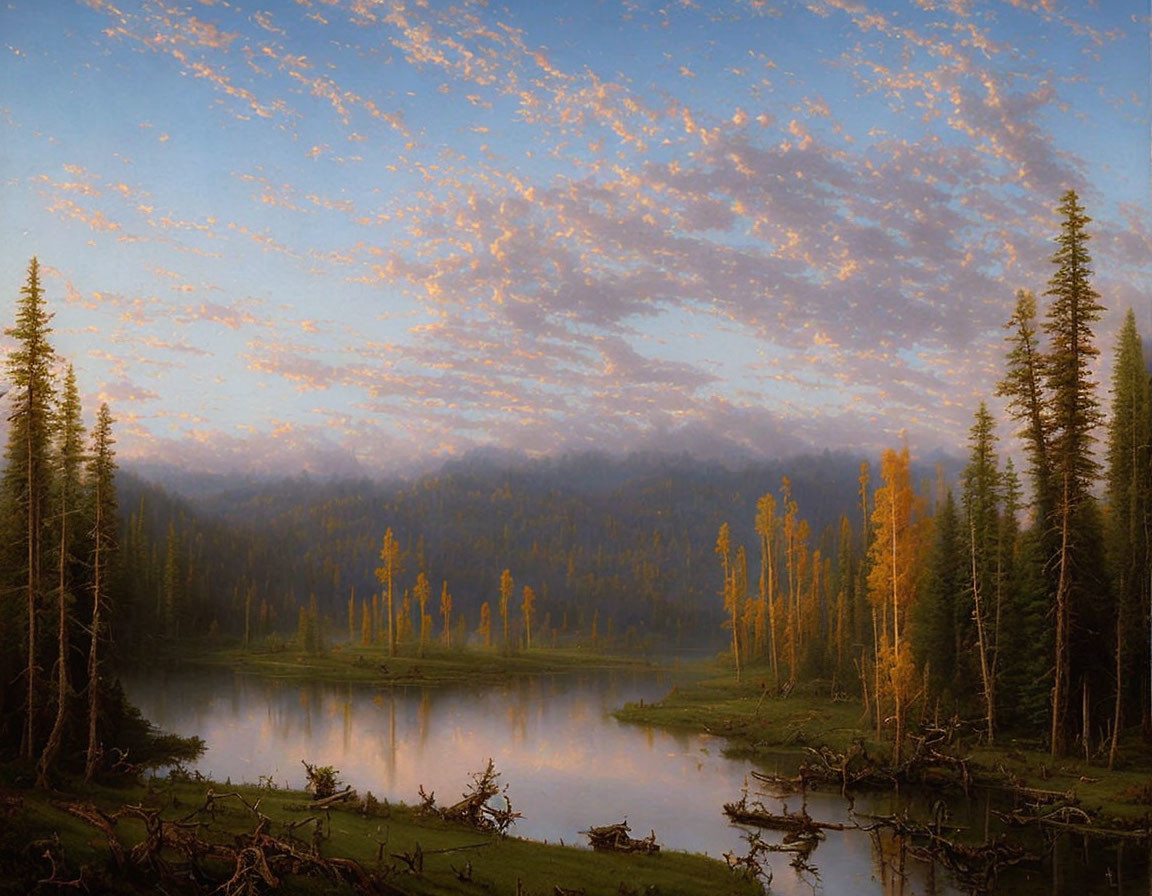 Tranquil landscape painting of calm lake and dense forests