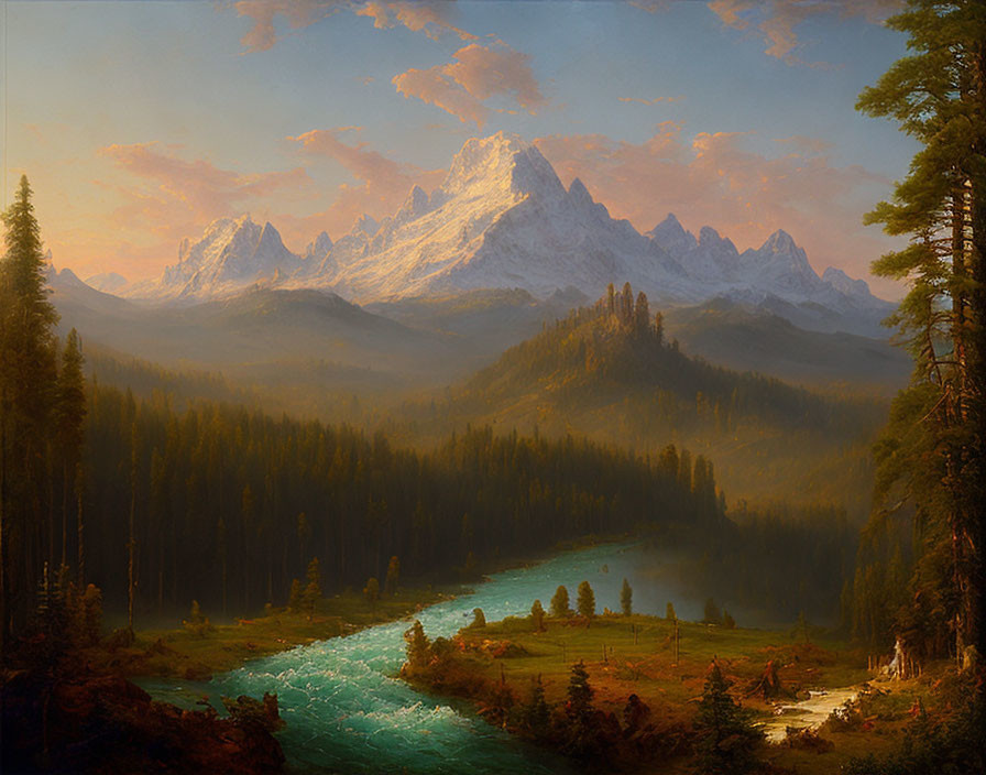 Serene landscape: river, forest, snow-capped mountains, warm sunlight