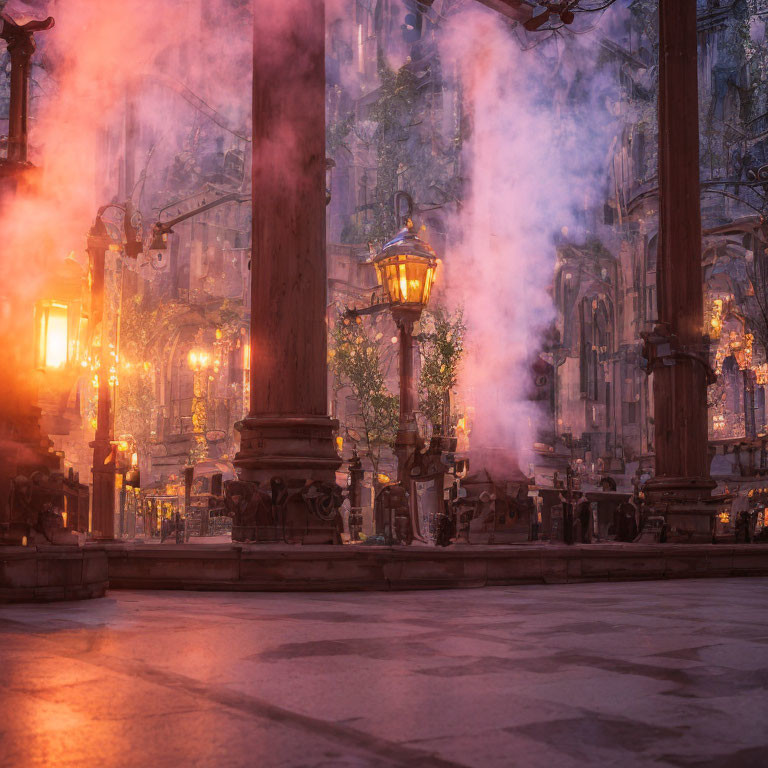 Misty Pink-Hued Square with Illuminated Street Lamps