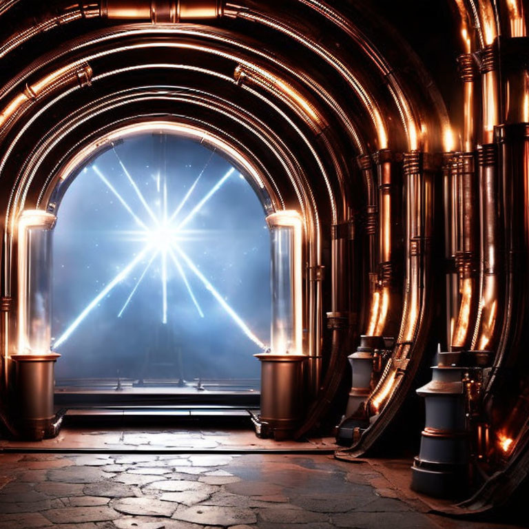 Circular Bronze Structures Illuminate Sci-Fi Portal Room