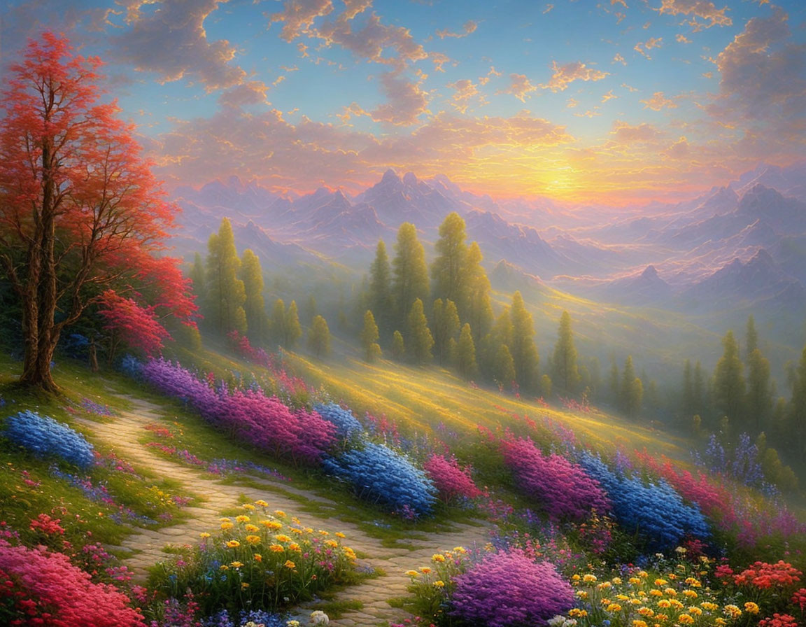 Colorful Flower-Strewn Path in Vibrant Landscape with Sunset Mountains