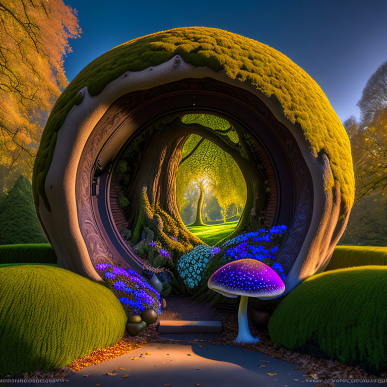 Moss-Covered Arch & Glowing Mushrooms in Vibrant, Dreamlike Landscape