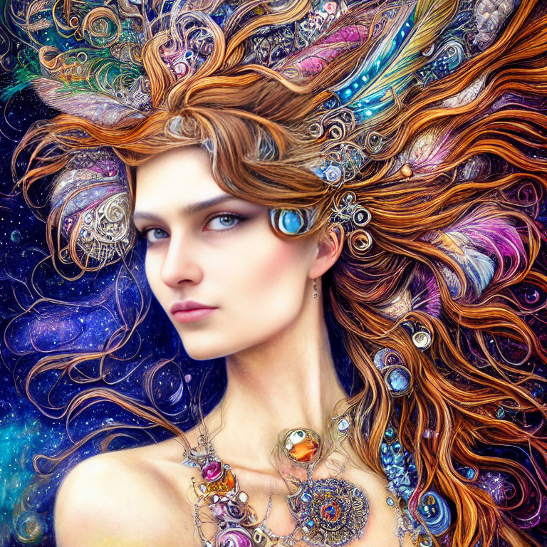 Colorful portrait of a woman with cosmic and peacock feather hair on starry backdrop