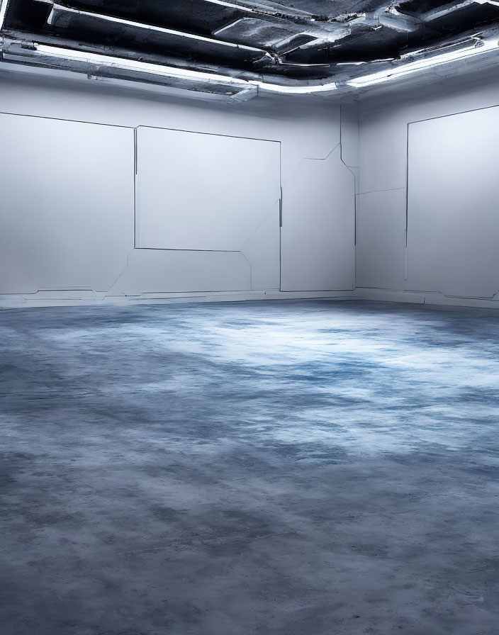 Modern empty room with white walls, blue water-like floor, and visible ceiling ductwork