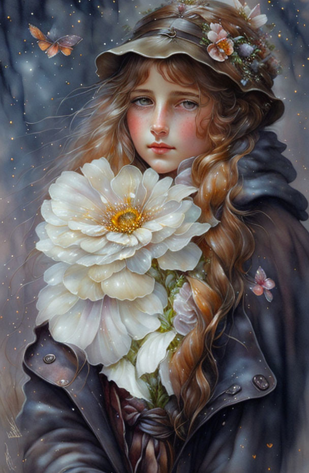 Illustration of young girl with curly hair holding white blossom and surrounded by butterflies