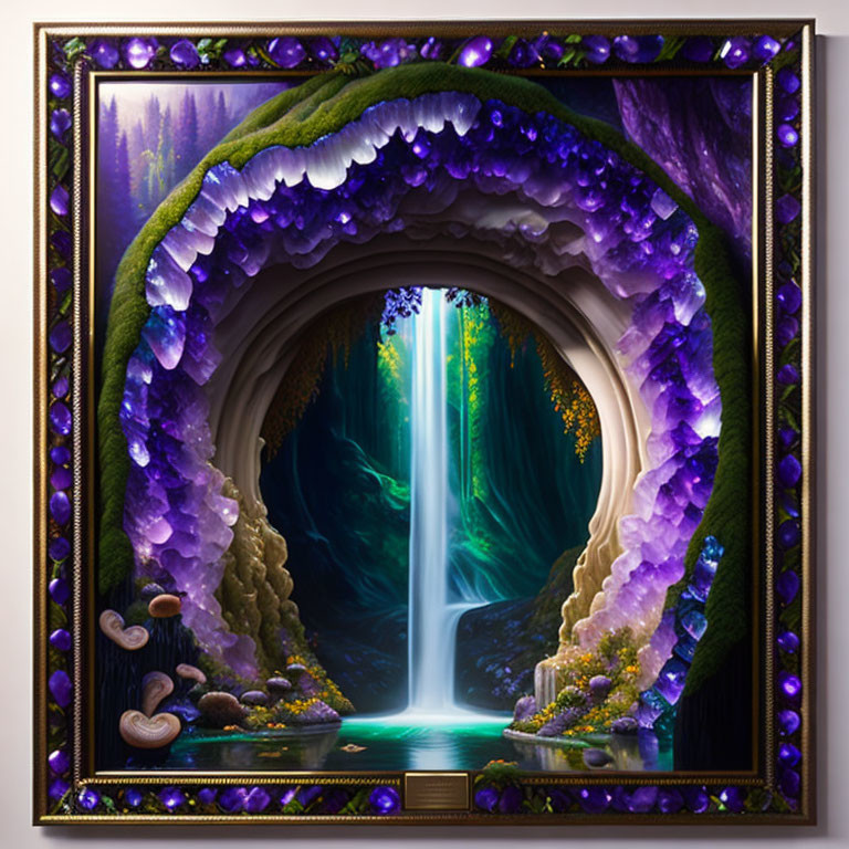 Colorful waterfall scene in mystical cave with amethyst crystals, greenery, and mushrooms