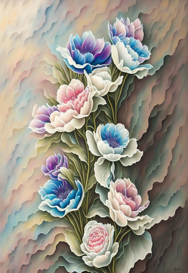 Stylized flowers in blue, purple, pink, and white on a colorful background