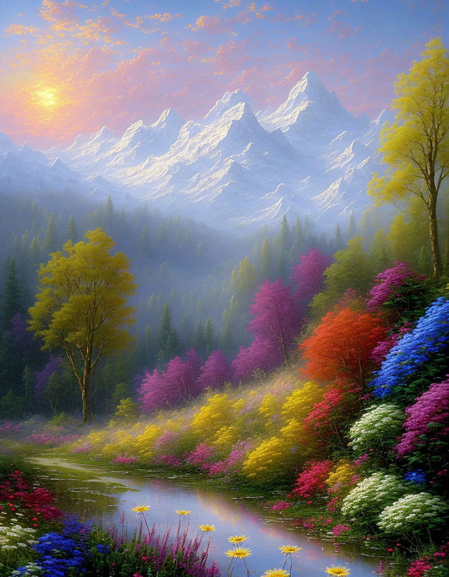 Scenic landscape with river, colorful flowers, forest, and mountains