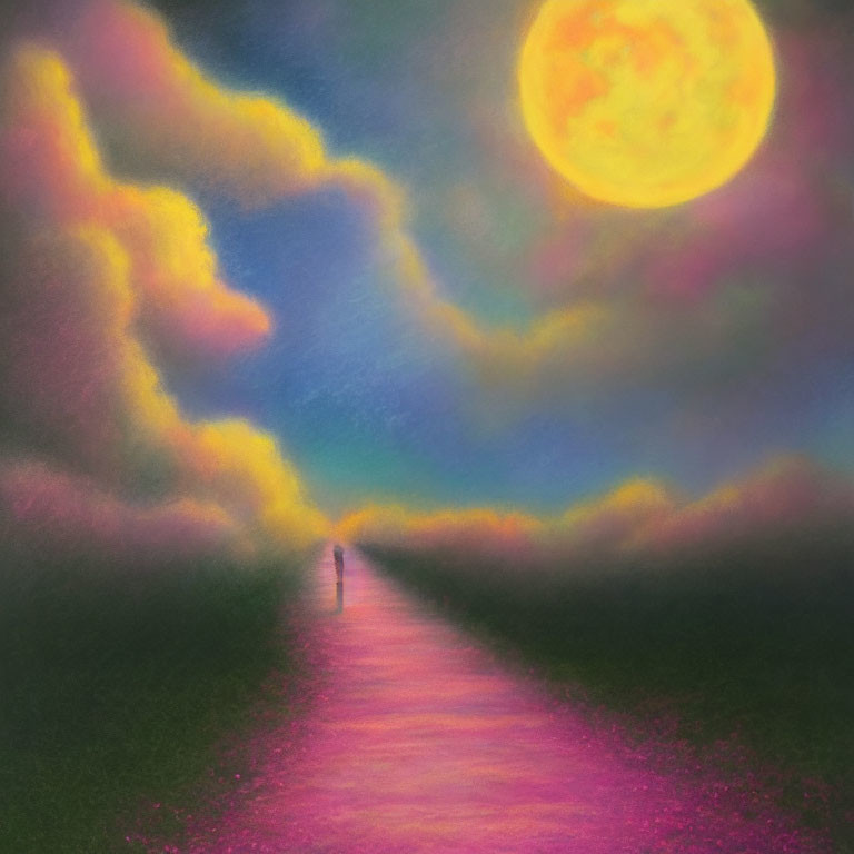 Solitary Figure Walking Under Large Yellow Moon