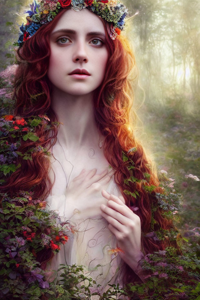 Red-haired woman in floral crown in misty forest with blue eyes