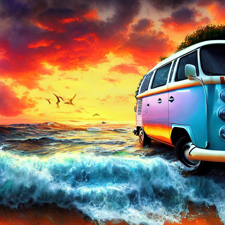 Vintage Van on Beach at Sunset with Waves and Birds