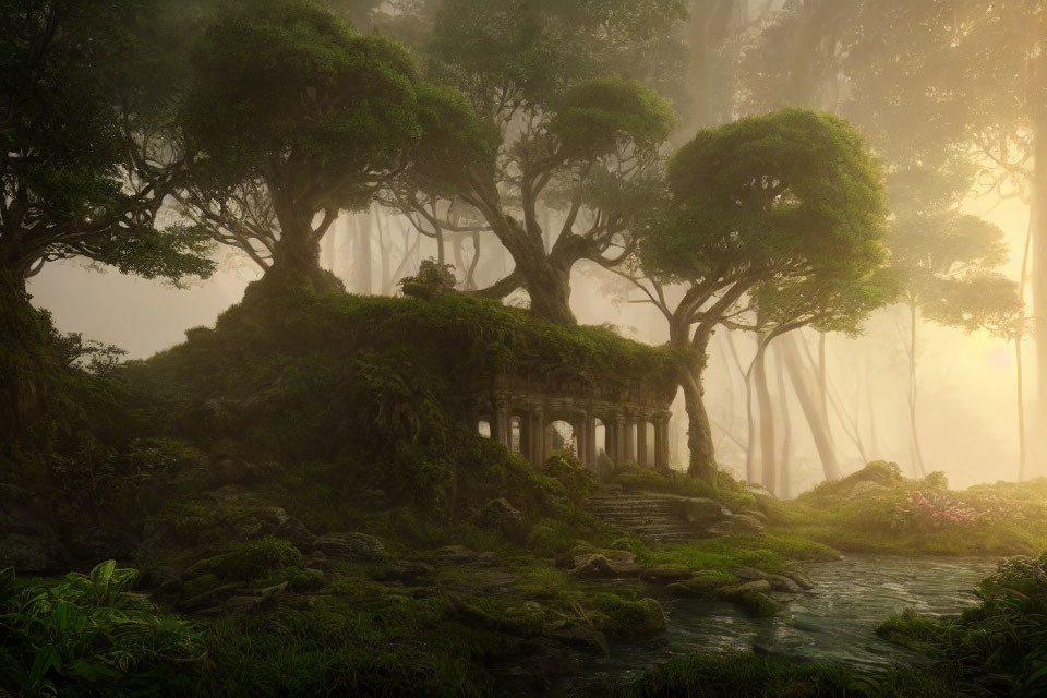 Majestic forest scene with sunlight, mist, greenery, and ancient temple