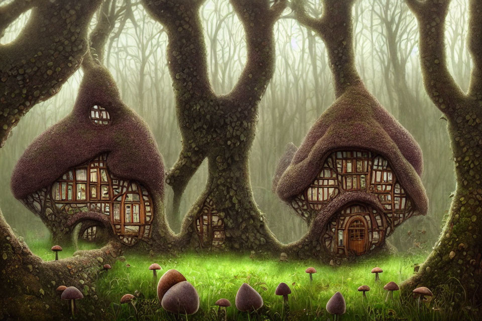 Whimsical forest scene with tree trunk houses, moss, mushrooms, and mist