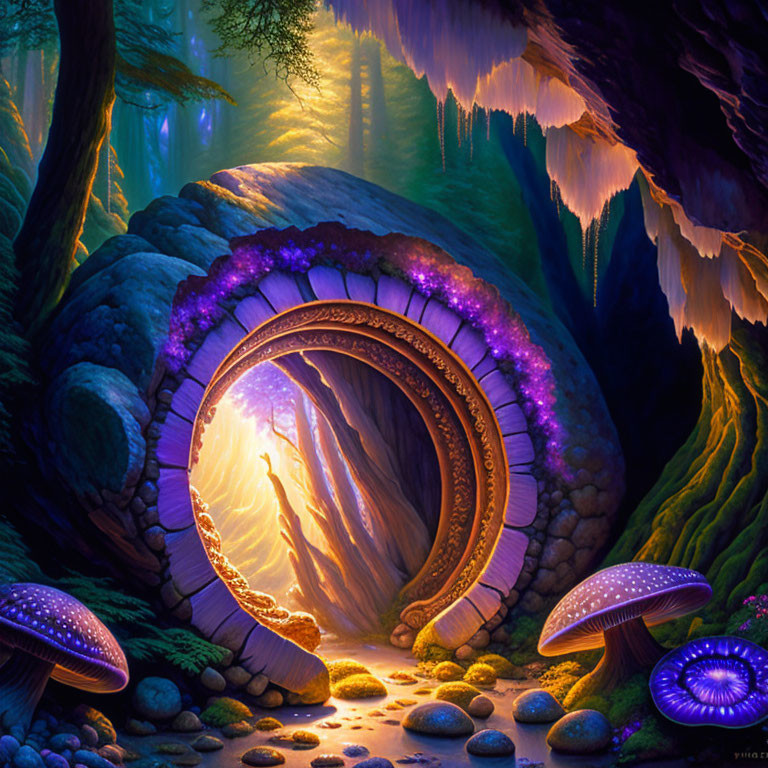 Fantasy forest with crystal portal, glowing mushrooms & stone formations