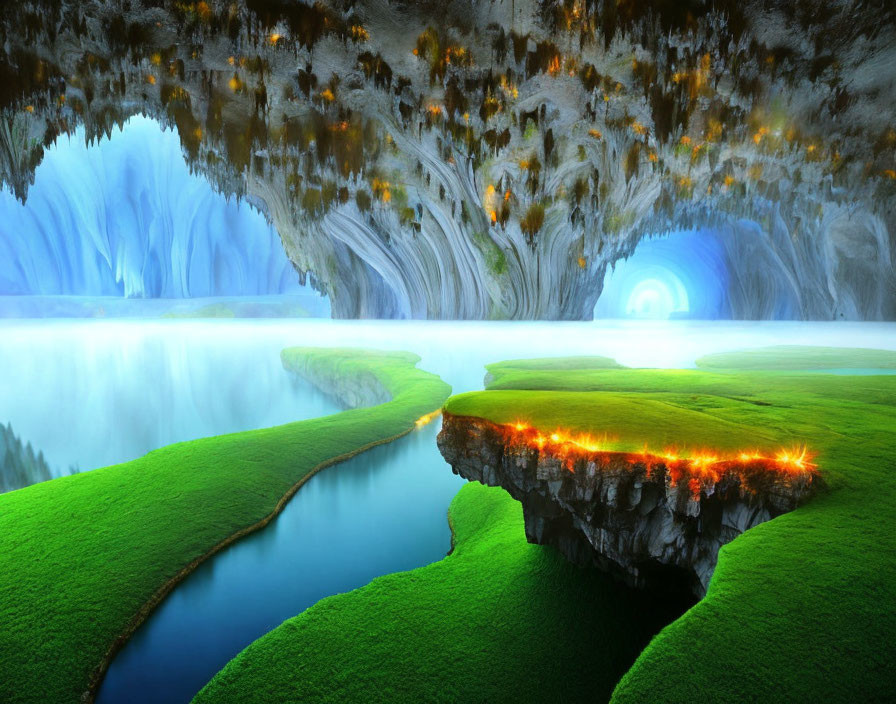 Mystical subterranean landscape with luminous river and ice formations