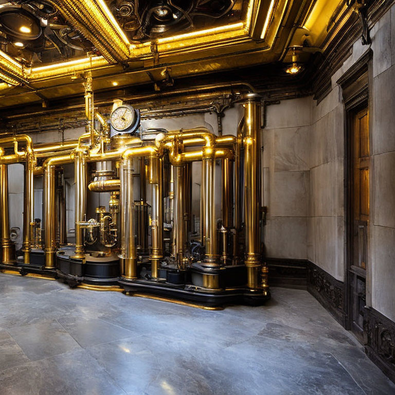 Industrial steampunk-themed room with polished golden pipes, vintage clock, and ornate metalwork.