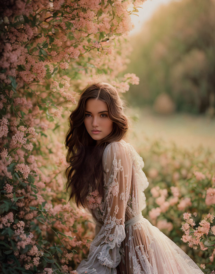 Woman in lace dress surrounded by pink blossoms and golden hour light.