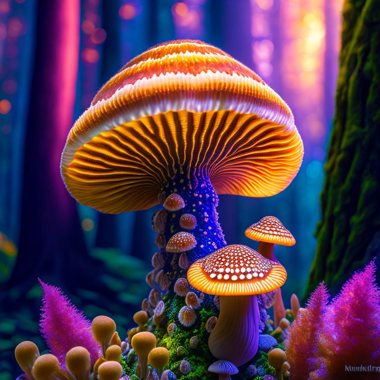 Colorful illuminated mushrooms in fantasy forest with purple and blue hues