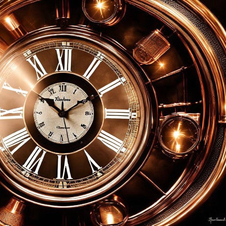 Golden clock with Roman numerals in warm ambient glow.