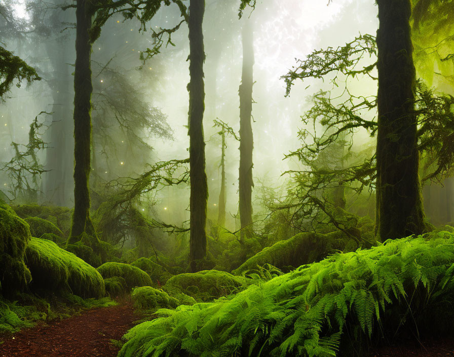 Lush forest scene with ferns, moss-covered trees, and misty ambiance