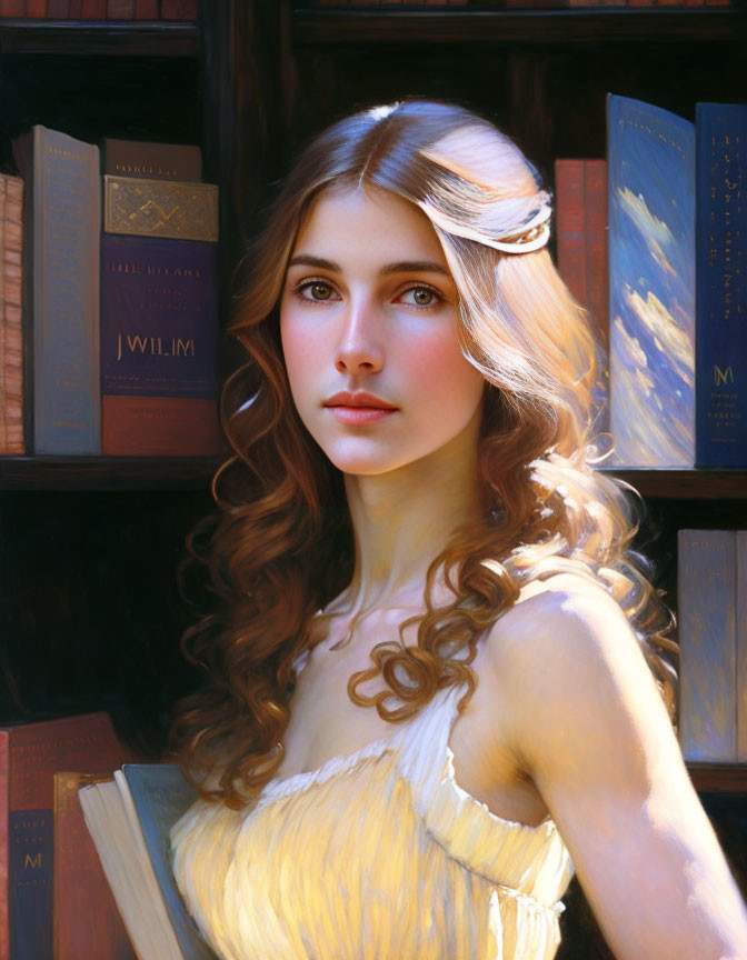 Young woman in yellow dress with wavy hair holding a book by bookshelf in warm sunlight