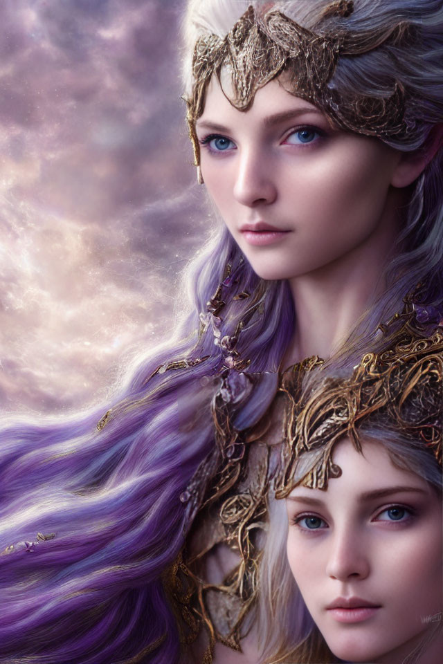 Digital Artwork: Ethereal Female Figures with Purple Hair & Golden Crowns