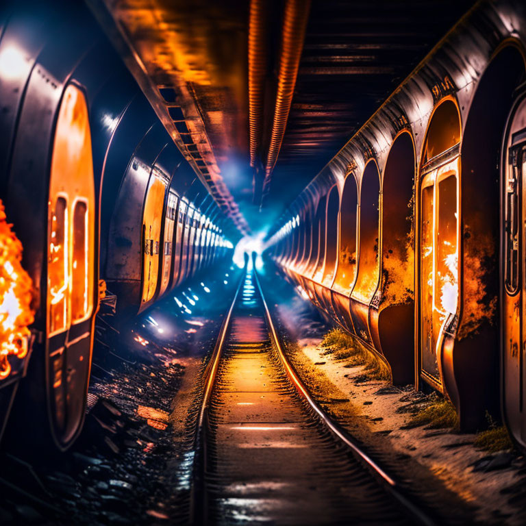 Dark subway tunnel with oncoming train and fiery reflections.