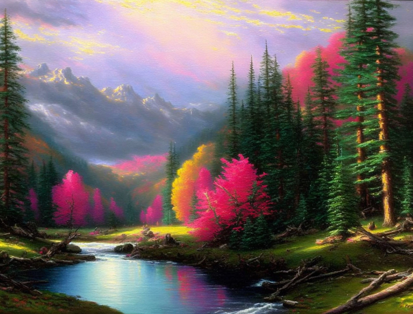 Colorful forest scene with river and mountains at sunrise/sunset