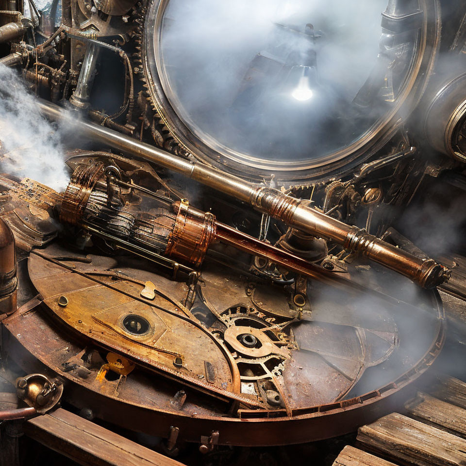 Steampunk Themed Interior with Brass Gears and Large Telescope