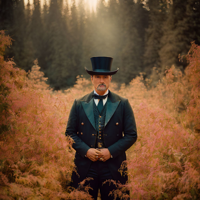 Vintage-suited man with top hat in pink foliage and pine tree backdrop