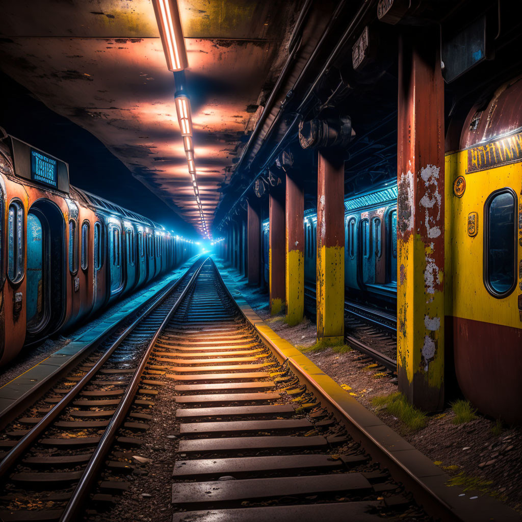 Subway station with two trains, tracks, and bright light ahead