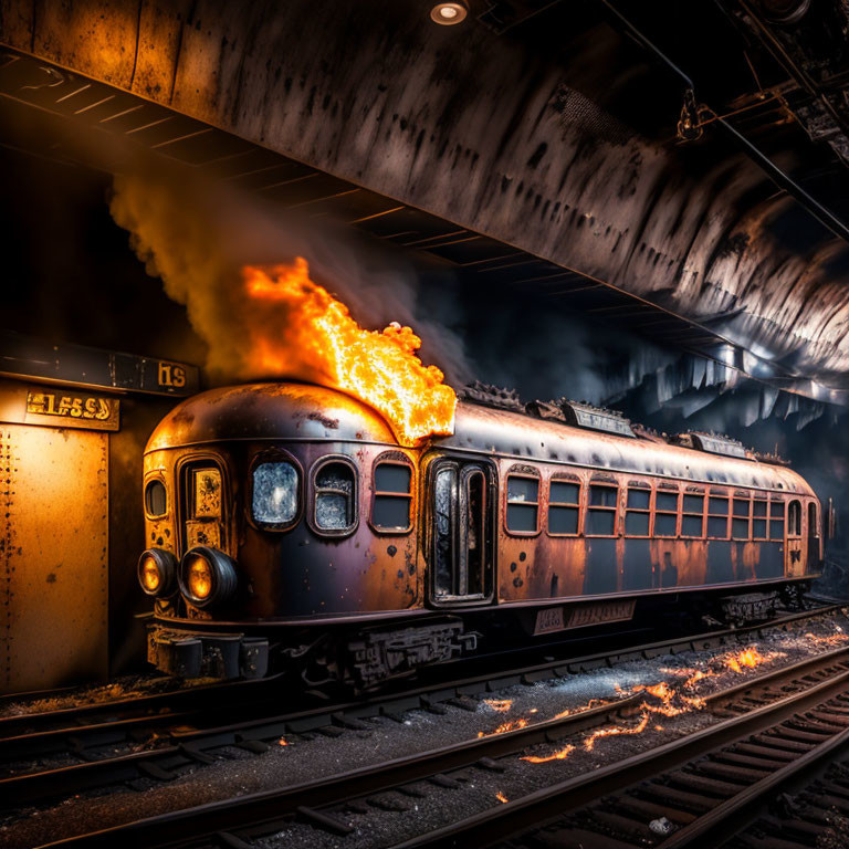 Train Carriage Engulfed in Flames in Underground Station