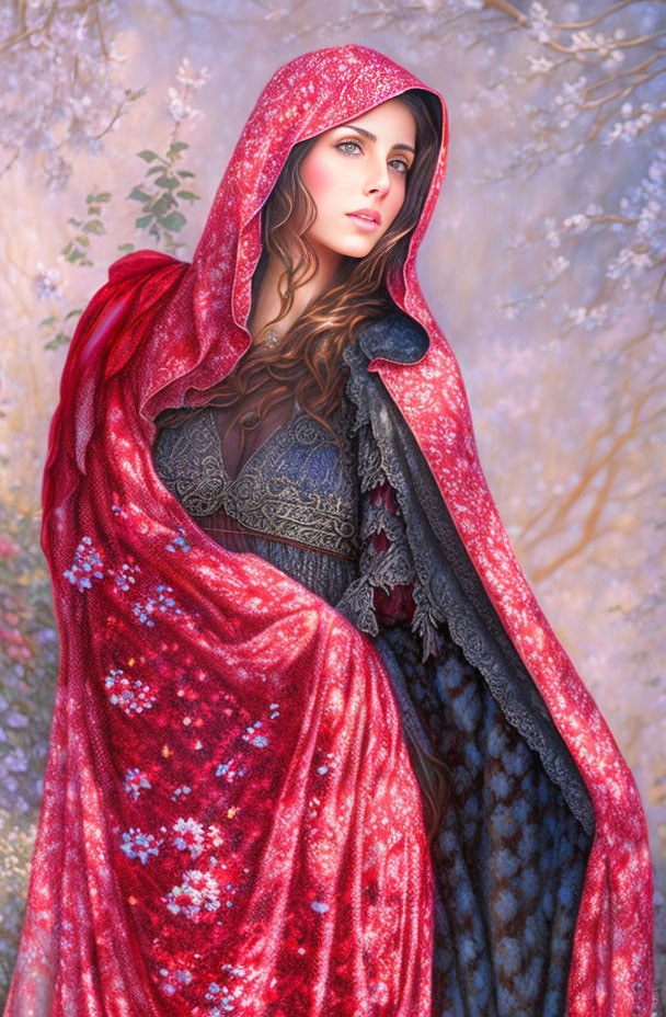 Woman in Red Floral Hooded Cloak in Mystical Forest