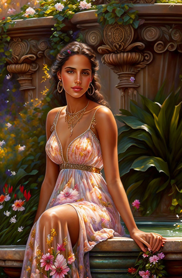 Woman in elegant dress by stone balustrade surrounded by lush greenery and flowers in soft sunlight.