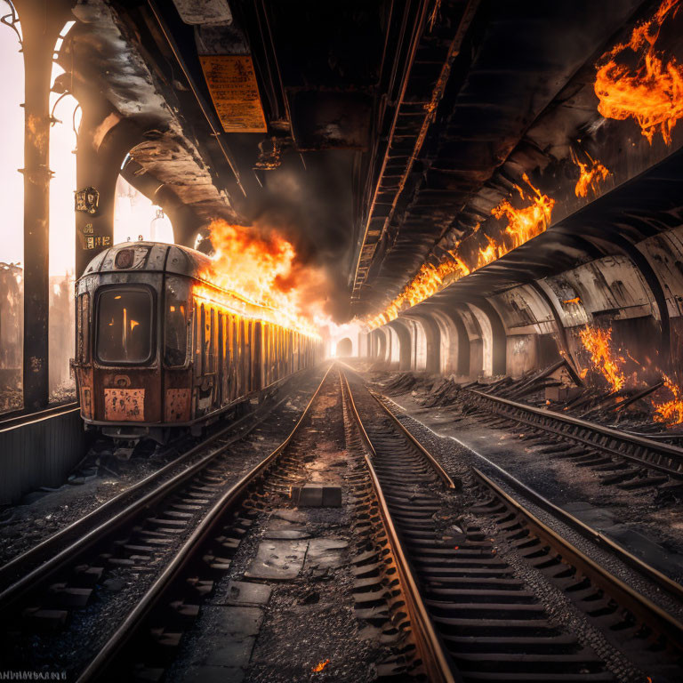 Fiery flames engulf old train in tunnel