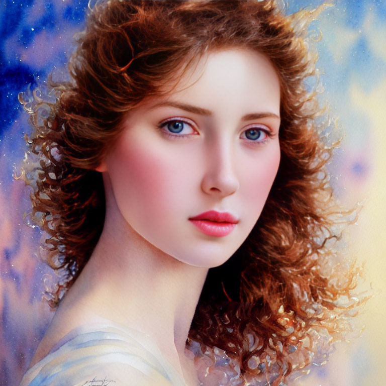 Digital painting: Woman with curly hair and blue eyes in starry background