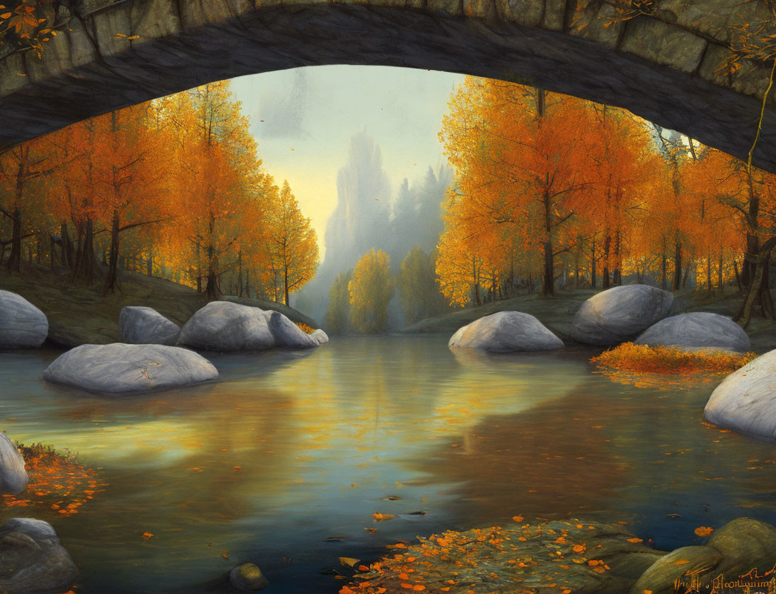 Tranquil autumn landscape with stone bridge, serene river, golden trees, and soft light.