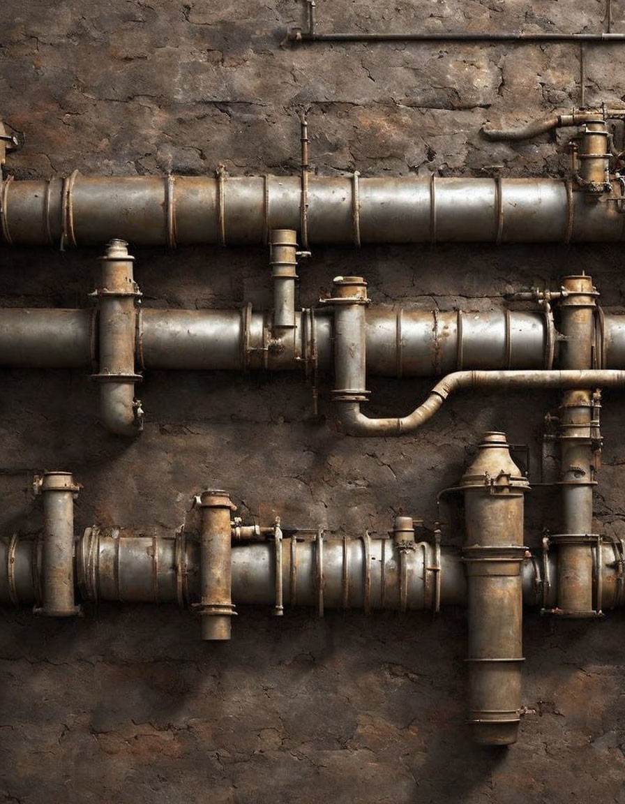 Rusty Metal Pipes with Valves on Textured Stone Wall