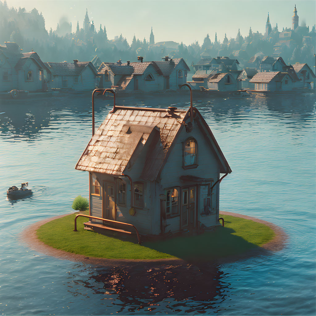 Tranquil Lake Scene: House on Grassy Island with Pier