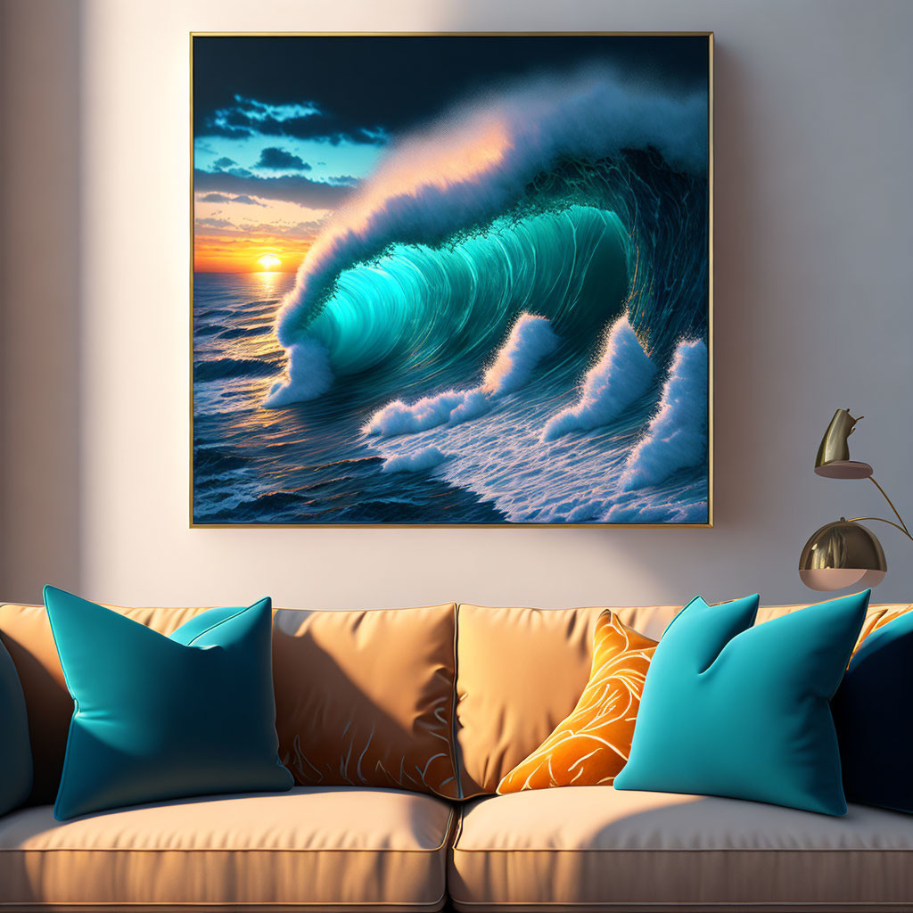 Ocean wave wall art above sofa with teal and orange cushions at sunset